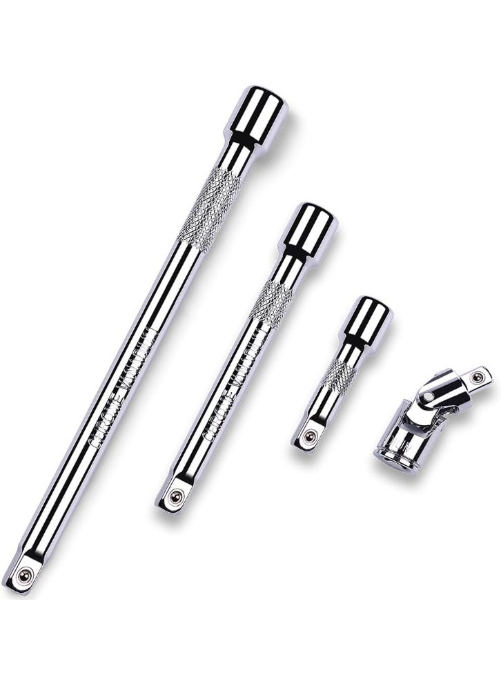 4 Piece 3/8 Inch Drive Extension Bar Set, 3/8 Inch Drive Socket Extension Set Includes 3, 6, and 10 Inch Extensions and 3/8 Inch drive Universal Joint Socket - Image 1